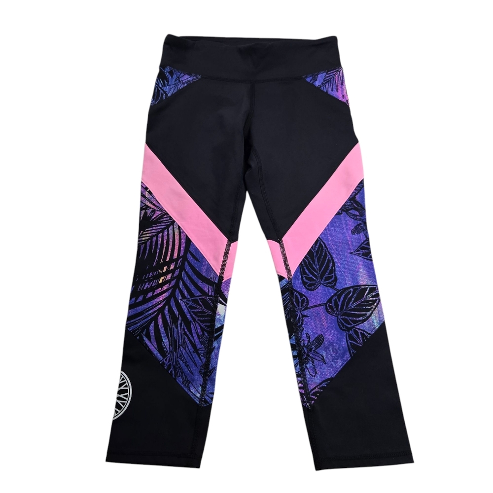 Soulcycle Performance Women Small Wraparound Capri Leggings Black Pink Patterned
